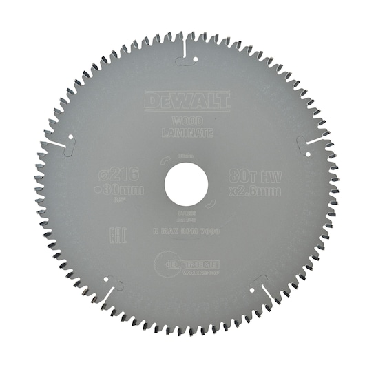 DEWALT circular saw blade DT4286 for wood and laminate, 216mm diameter, 80 teeth, silver color.