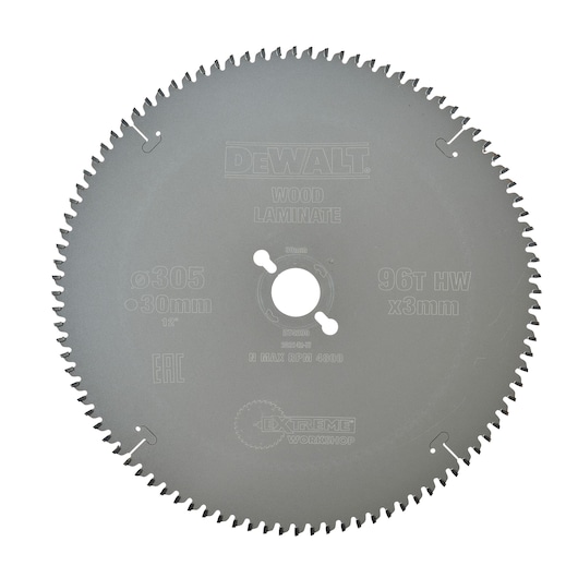 DEWALT DT4290 circular saw blade for wood and laminate, 305mm diameter, 30mm arbor, 96 teeth, HW material, for workshop use.