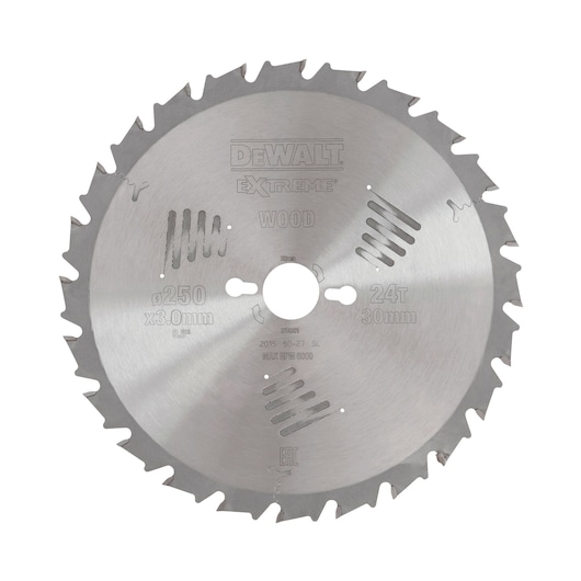 DEWALT DT4301 circular saw blade for wood, 250mm diameter, 24 teeth, 30mm bore, silver finish.