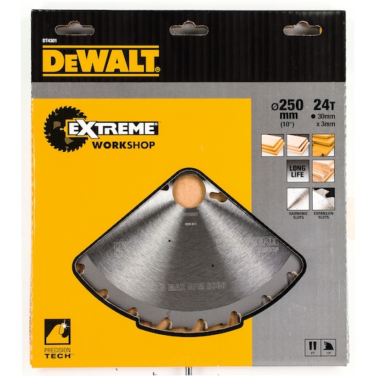DEWALT DT4301 Extreme Workshop 250mm 24T circular saw blade in yellow and black packaging.