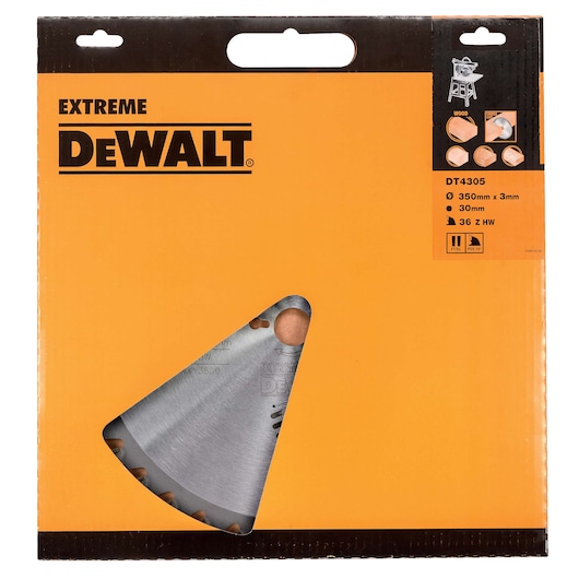 DEWALT DT4305 circular saw blade package, orange and black, with partial blade visible, specifications shown.