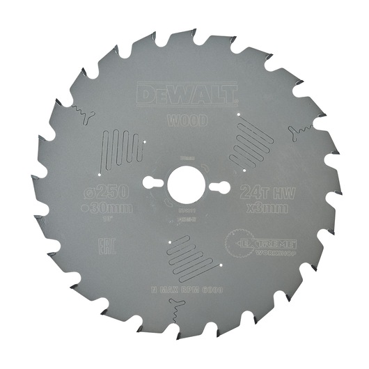 DEWALT DT4311 circular saw blade for wood, 24 teeth, 250mm diameter, 30mm bore, suitable for workshop use.