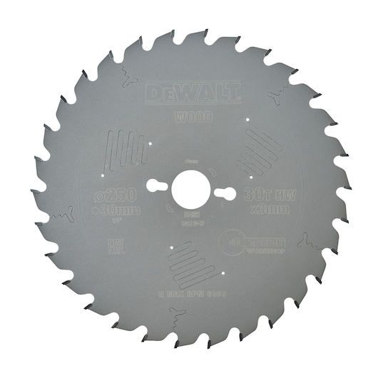 A DEWALT circular saw blade for wood, model DT4321, featuring 30 teeth, a diameter of 250mm, and a center hole of 30mm. The blade is grey with printed specifications and branding.