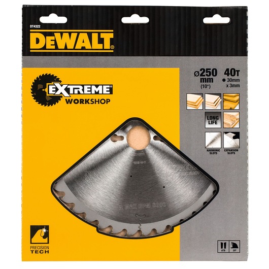 DEWALT DT4322 Extreme Workshop saw blade, 250mm, 40 teeth, for wood, with precision tech and long life features.