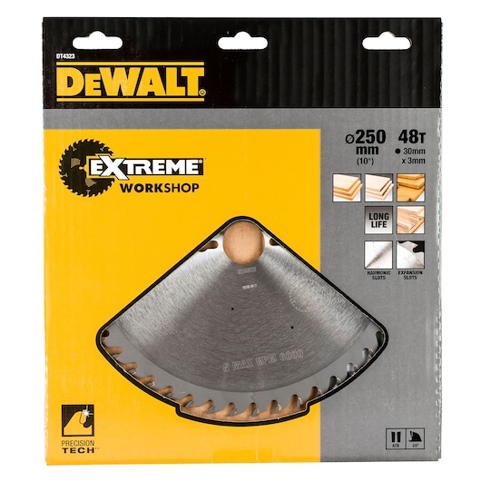 DEWALT DT4323 Extreme Workshop circular saw blade in packaging, 250mm diameter, 48 teeth for wood cutting.