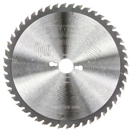 A circular saw blade for wood, made by DEWALT, with 48 teeth and a diameter of 260 mm. The blade is metallic with engraved specifications and central mounting hole.