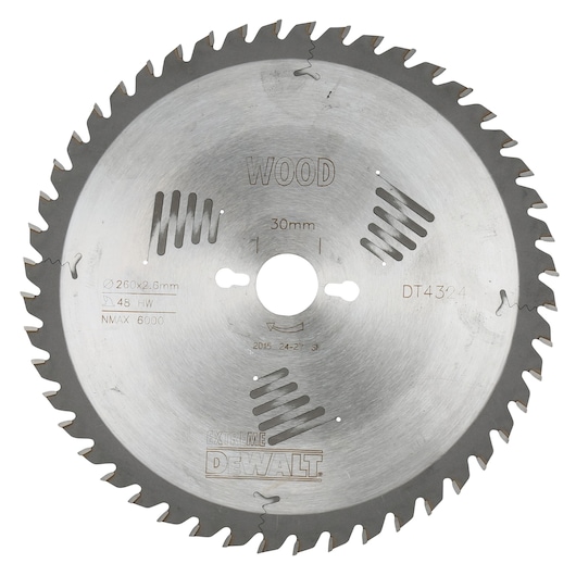 A circular saw blade for wood cutting from DEWALT, model DT4324, with 48 teeth and a 30mm arbor hole. Maximum speed marked as 6000 RPM.