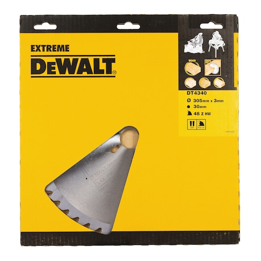 Packaging of a DEWALT Extreme DT4340 circular saw blade. The box is yellow and black with a window showing part of the saw blade. It includes icons and specifications: for wood cutting, diameter 305mm x 3mm, 30mm bore, 48 teeth, and HW material.