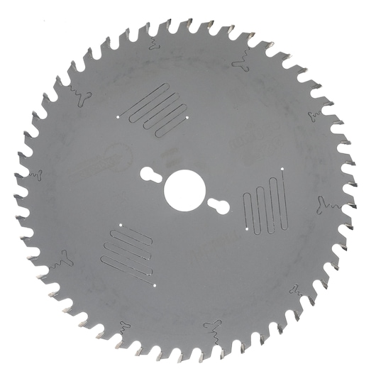 A DEWALT circular saw blade with multiple sharp teeth around the edge and several cut-outs in the metal for heat dissipation and reduced noise.