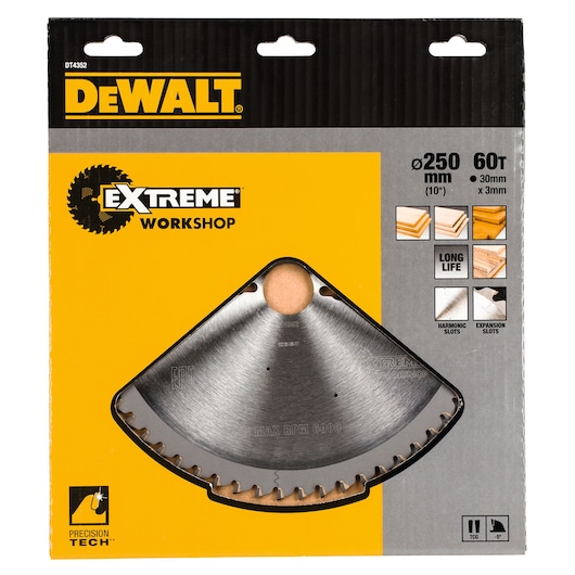 DEWALT Extreme Workshop circular saw blade, 250mm, 60 teeth, for wood, in yellow and black packaging.