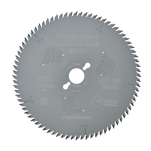 DEWALT DT4353 circular saw blade for wood, 250mm diameter, 80 teeth, 30mm bore, designed for precise cutting. The blade is silver with detailed markings, including specifications and brand logo.