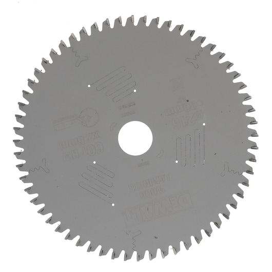 A circular saw blade for wood with multiple sharp teeth, featuring a central hole, manufactured by DEWALT.