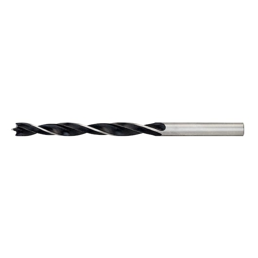 A metal woodworking drill bit with a pointed tip and spiral flutes, shown on a white background.
