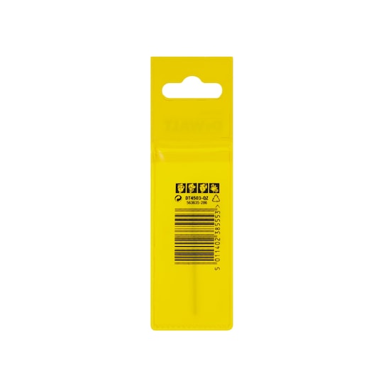 A DEWALT DT4503 drill bit in yellow retail packaging, viewed from the back. The packaging includes safety icons, a barcode, product code, and recycling information.
