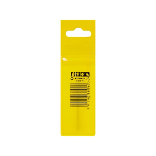 Rear view of a yellow DEWALT DT4504 product packaging featuring a barcode and safety symbols.