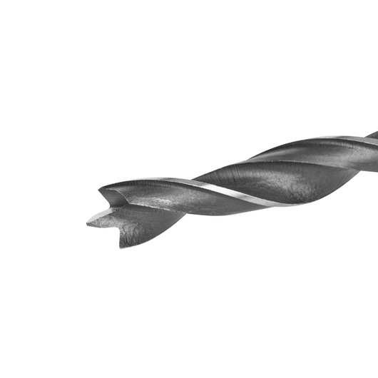 Close-up image of a DEWALT wood drill bit with a sharp cutting tip, shown against a white background.