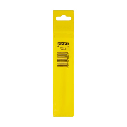 Back view of a yellow DEWALT product packaging with a barcode, recycling symbols, and item codes printed near the top. The packaging has a hang tab for display.