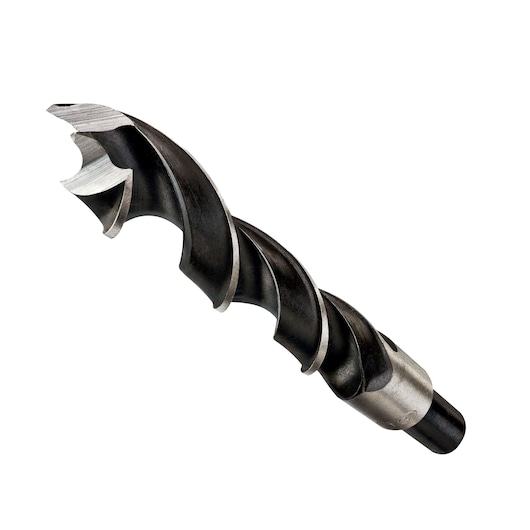 Close-up view of a DEWALT DT4514 wood auger drill bit, showing its spiraled cutting edges and sharp tip against a white background.
