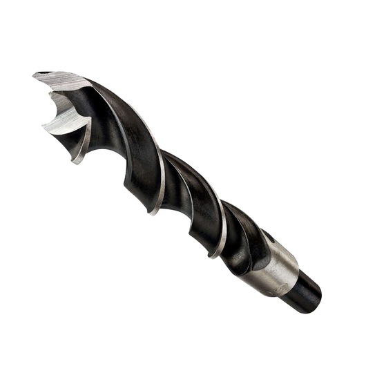 A close-up view of a DEWALT DT4520 auger drill bit, featuring a spiral design with a sharp cutting tip, used for drilling holes in wood.