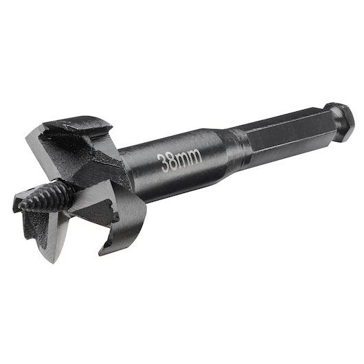 A DEWALT 38mm wood drill bit with a hex shank and a threaded center point for precision drilling.
