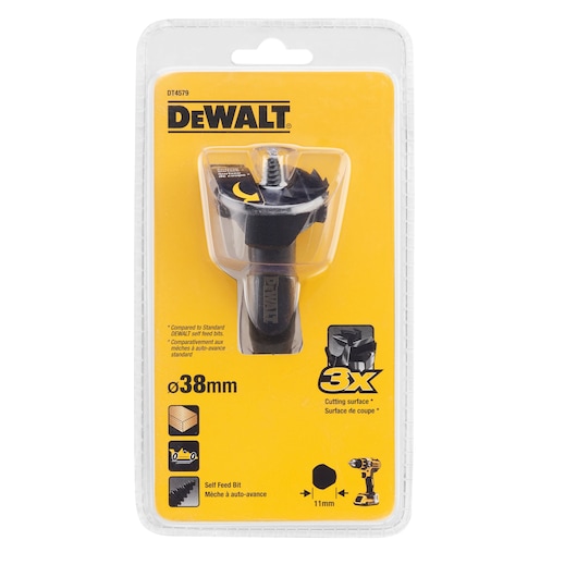 DEWALT DT4579 self feed bit in blister pack, 38mm size, for wood drilling, yellow and black packaging.