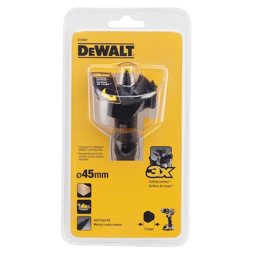 DEWALT DT4581 self feed bit in blister pack, 45mm size, for wood drilling, highlighted features on yellow card.