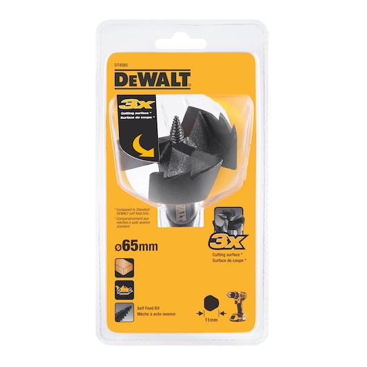 DEWALT DT4585 65mm self feed bit in yellow and black packaging. The packaging highlights a 3x cutting surface, use for wood, and an 11mm hex shank. The bit is displayed in a clear plastic cover.