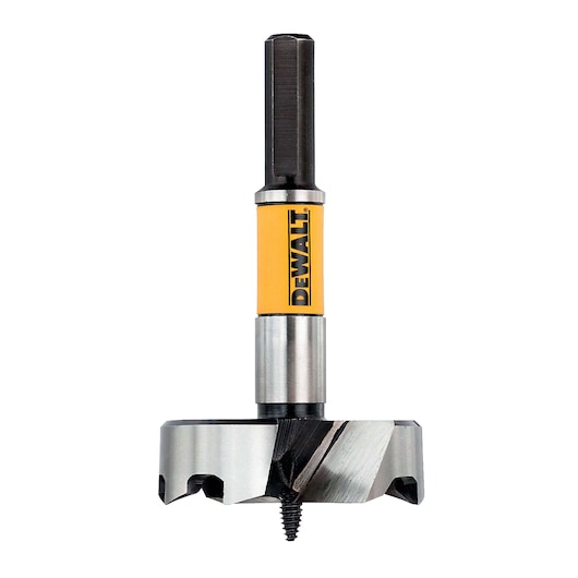 A DEWALT DT4589 hole saw drill bit for woodworking, shown upright. The bit has a yellow section with the DEWALT logo and a sharp cutting edge designed for creating large circular holes.