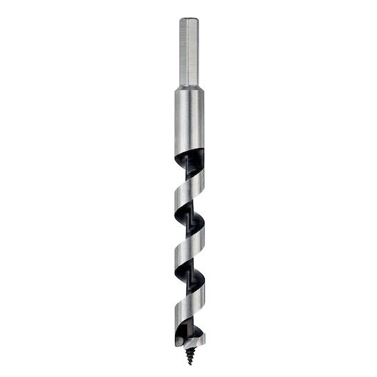 A metal auger drill bit with a hexagonal shank, designed for wood drilling, shown upright on a white background.