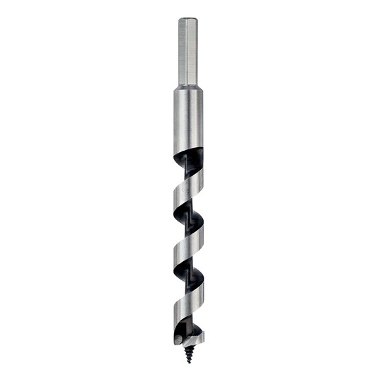 Metal auger drill bit with hex shank and spiral design for woodworking, shown vertically on a white background.