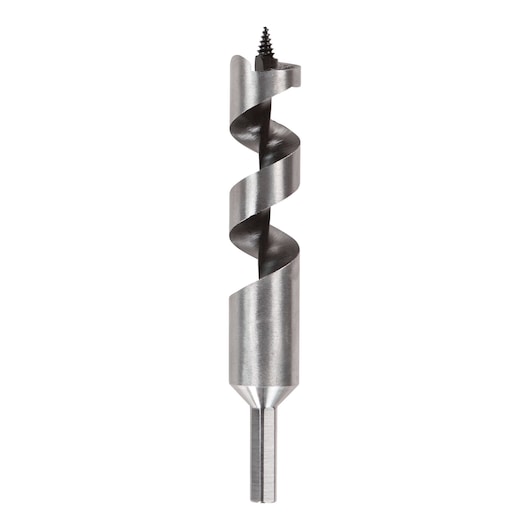 Metal auger drill bit with spiral flute and threaded tip, used for woodworking and precision drilling.