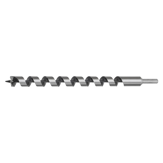 Metal auger drill bit with spiral flutes and a pointed tip for wood drilling, shown on a white background.