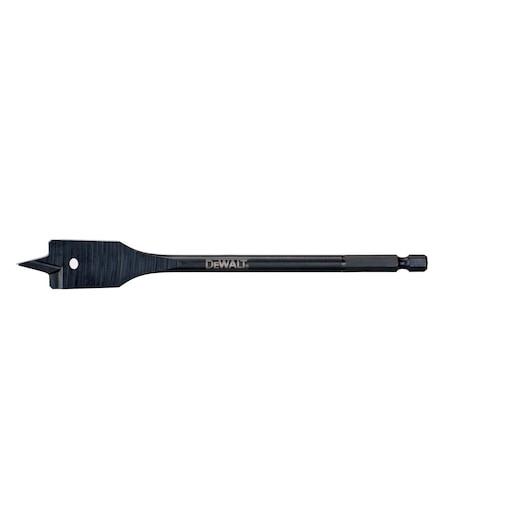 A DEWALT flat wood spade drill bit, model DT4762, showing a long metal shaft with a flat, wide cutting tip designed for drilling holes in wood.