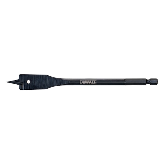 A DEWALT flat wood spade drill bit, used for drilling large holes in wood. The bit is black with a hex shank and a sharp, pointed tip on a wide flat blade.