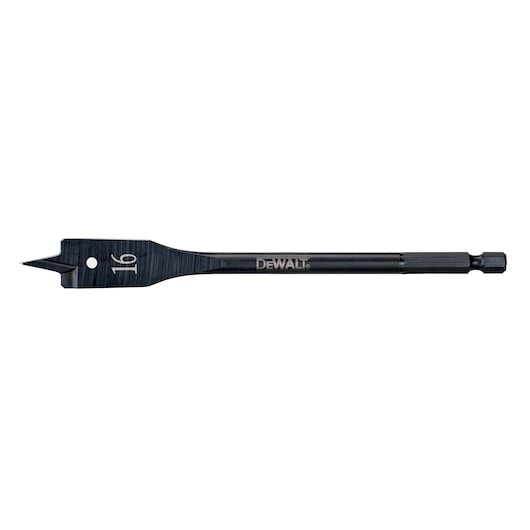 A DEWALT flat wood drill bit with a hex shank and a 16 mm size marking, designed for drilling holes in wood.