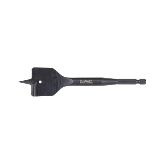 A DEWALT flat wood drill bit with a hex shank, featuring a sharp pointed tip and cutting edges, suitable for drilling holes in wood.