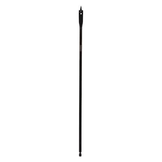 Long black spade drill bit with a pointed tip, designed for wood drilling applications. The bit is shown vertically on a white background.