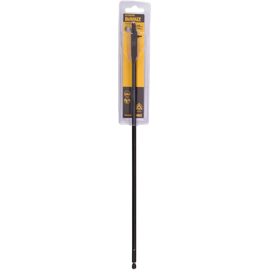 A long DEWALT Extreme flat wood drill bit, size 10mm, displayed in its original yellow and black plastic packaging.