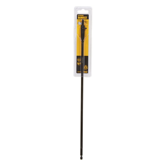 A DEWALT DT4781 extreme spade drill bit in its retail packaging, featuring a long black shaft and yellow label with product specifications.