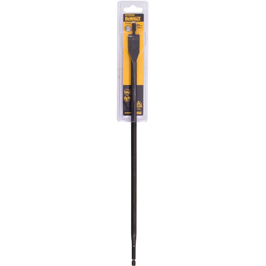A DEWALT Extreme flat wood drill bit, 20mm size, in retail packaging. The long black drill bit has a wide flat tip and is displayed vertically in a clear plastic blister pack with yellow and black branding.
