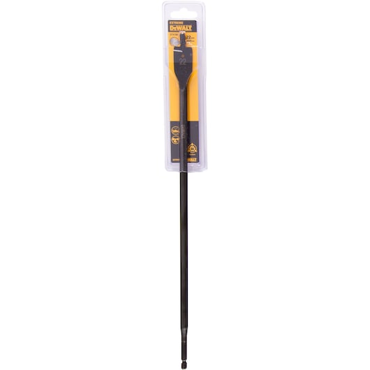 DEWALT DT4786 flat wood drill bit in retail packaging, long shaft and pointed tip, 22mm size.