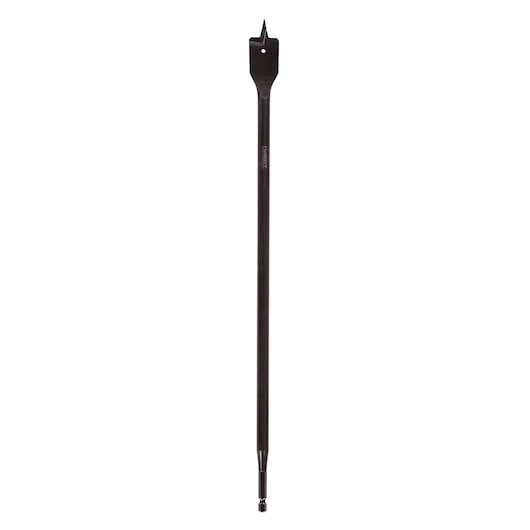 Long flat wood drill bit with hex shank, used for precise boring. DEWALT branding visible.