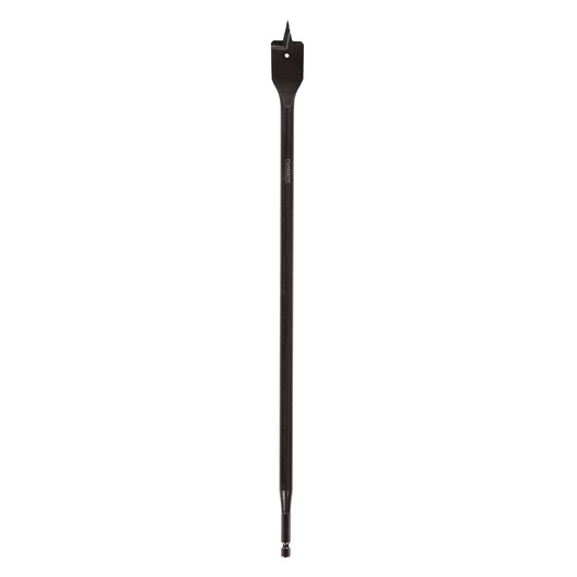 A long, flat wood spade drill bit with a sharp pointed tip and two cutting edges, shown vertically against a white background. The drill bit is black and marked with the DEWALT brand.