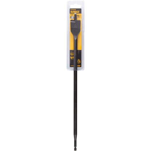DEWALT DT4791 long flat wood drill bit in its retail packaging. The drill bit is black and has a hex shank and wide flat head.