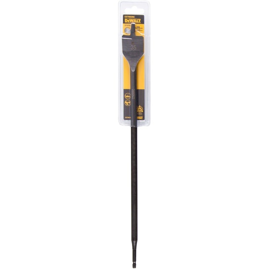 A DEWALT branded flat wood drill bit in its packaging. The bit is long with a wide, flat tip labeled '35' and is suitable for drilling large holes in wood.