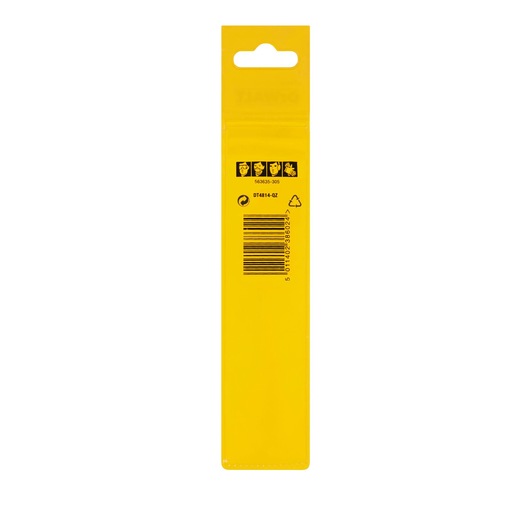 Back view of yellow DEWALT DT4814 packaging, showing safety icons, barcode, and recycling symbol.