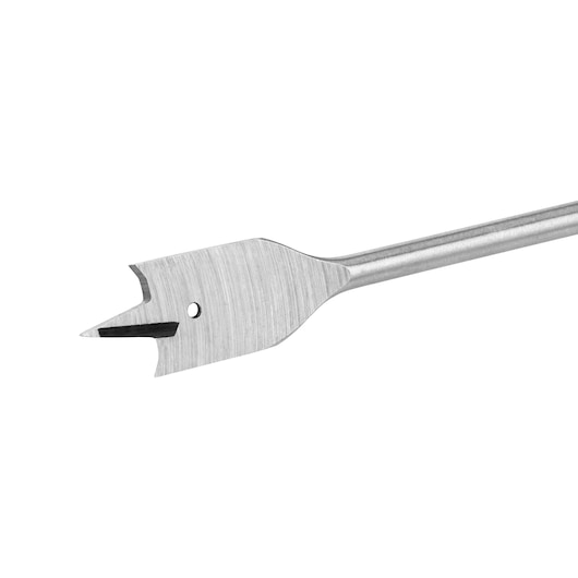 Close-up view of a DEWALT flat wood drill bit with a pointed tip and a hole in the blade, designed for boring holes in wood.