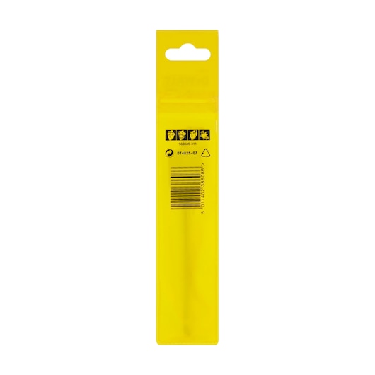 Back view of a yellow DEWALT product package for SKU DT4825, featuring safety icons, a barcode, and recycling symbols. The packaging has a transparent section and a euro hole for hanging display.