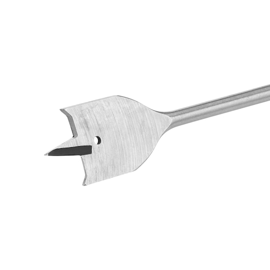A close-up view of a flat spade drill bit designed for woodworking, featuring a pointed tip and two cutting edges, with a hole near the center. The bit is made of metal and has a cylindrical shaft.