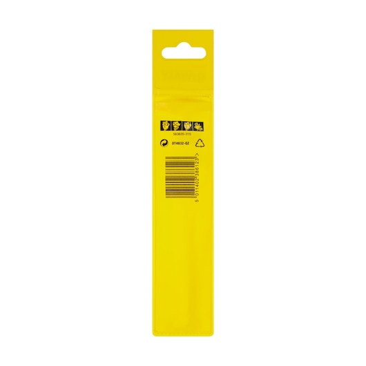 Back view of DEWALT DT4832 product packaging, showing a yellow plastic sleeve with safety icons, barcode, recycling symbol, and product information printed on it.